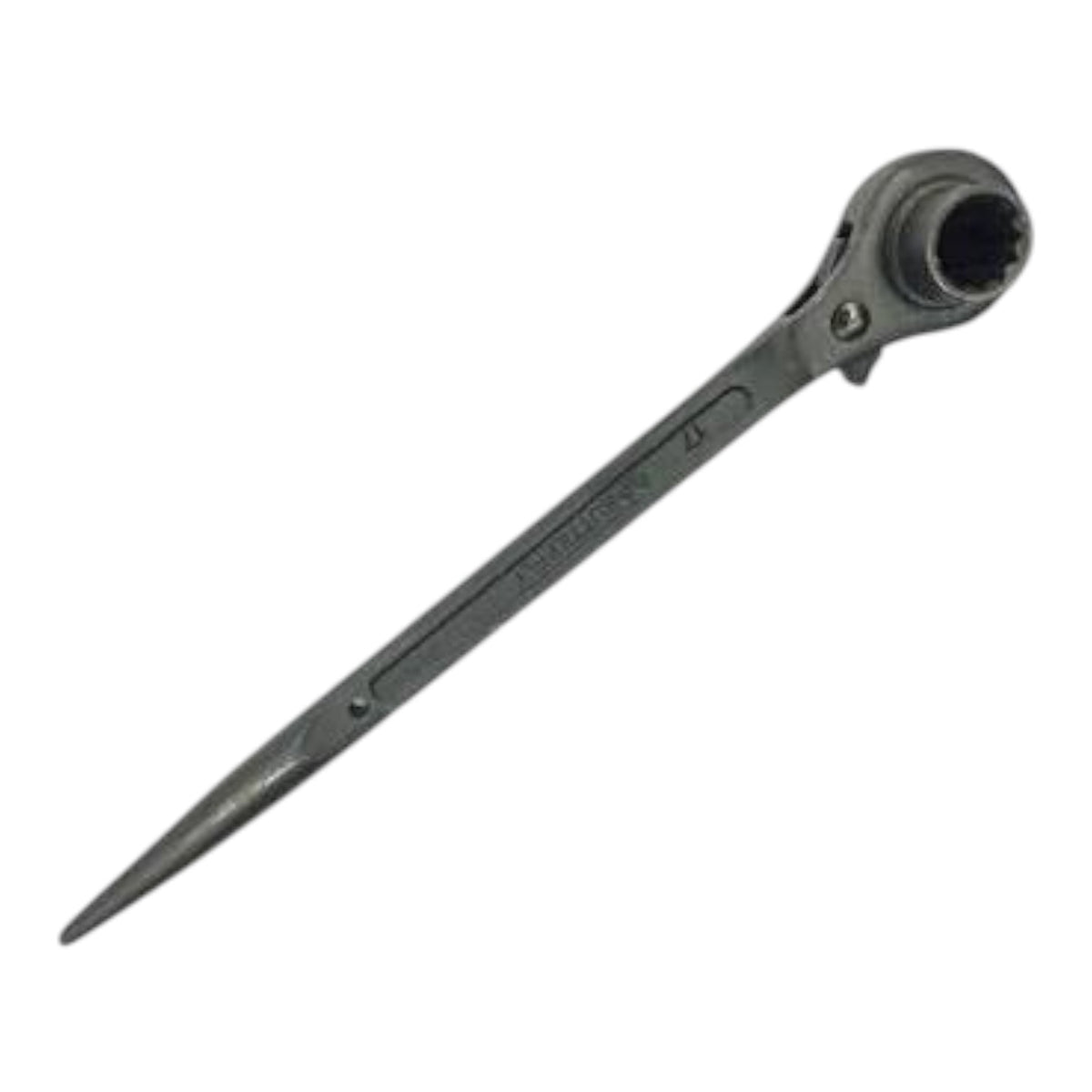 A dark gray metal socket wrench with a long pointed handle, shown diagonally on a plain white background.