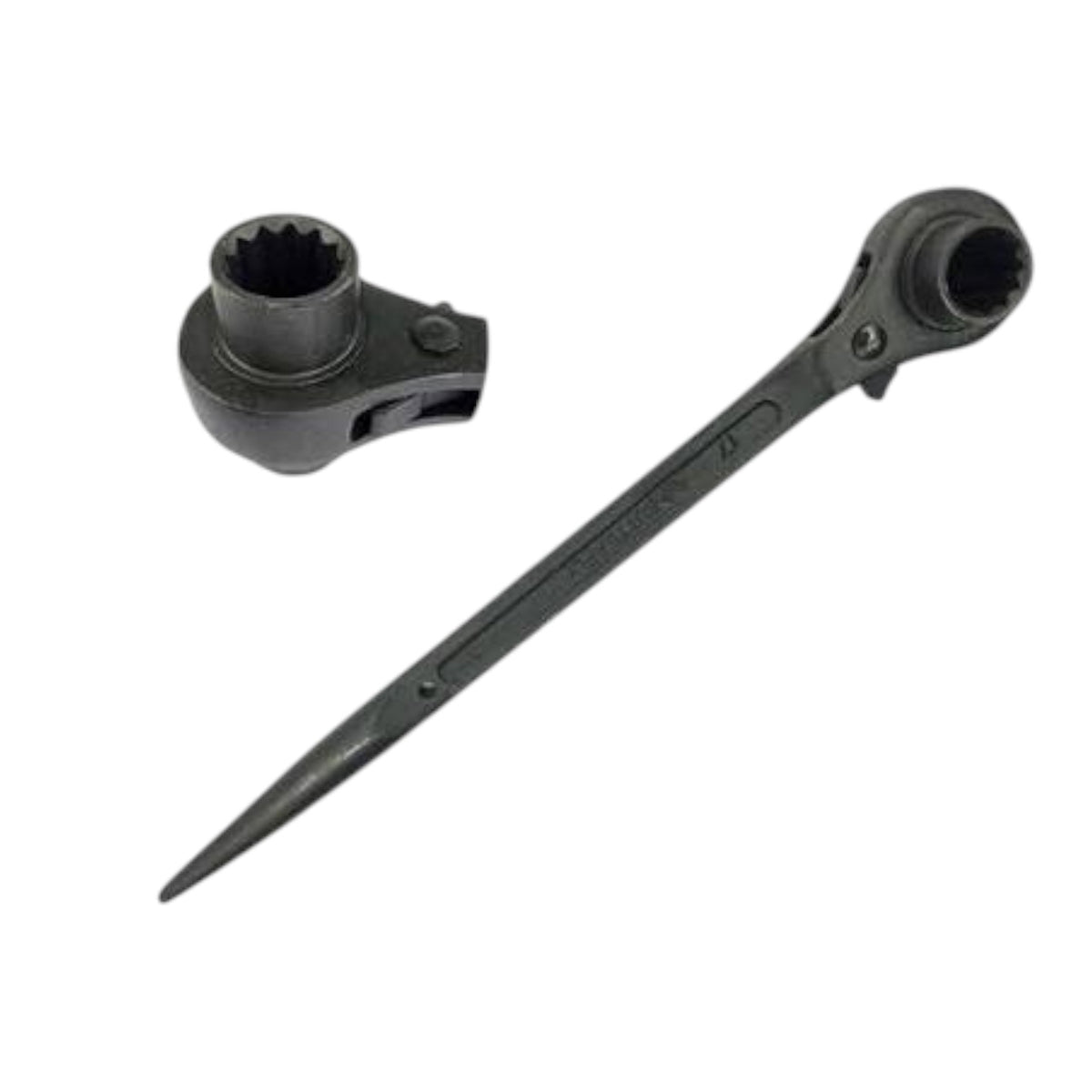 A black metal socket wrench with a long pointed handle and a separate socket attachment, shown on a plain white background.