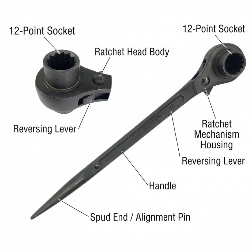 A black ratchet wrench tool shown on a white background with multiple labeled callouts identifying parts such as the 12-point socket, ratchet head body, reversing lever, handle, and spud end.