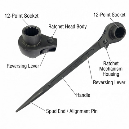 A black ratchet wrench tool shown on a white background with multiple labeled callouts identifying parts such as the 12-point socket, ratchet head body, reversing lever, handle, and spud end.