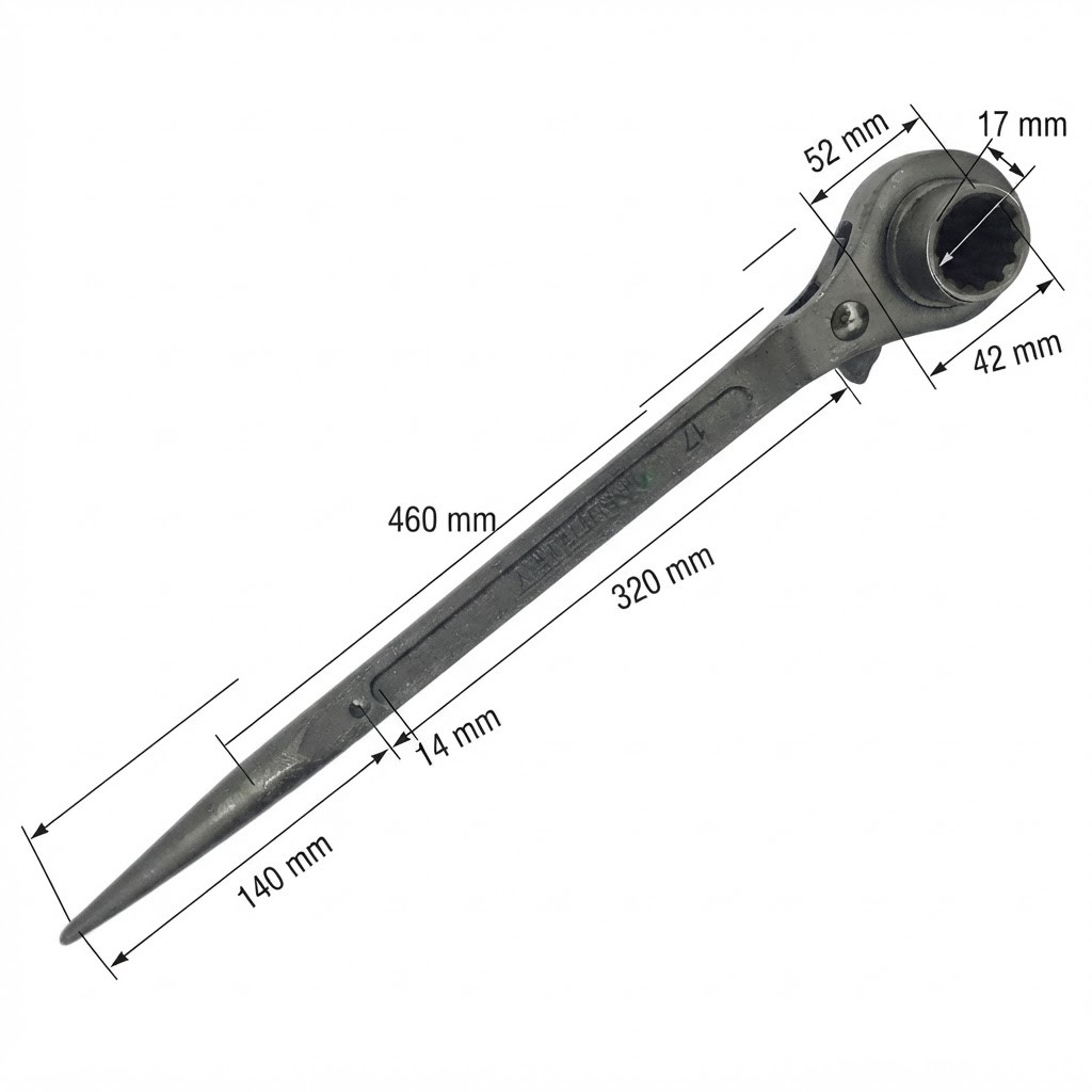 A dark gray metal socket wrench with a long pointed handle, shown diagonally on a plain white background.