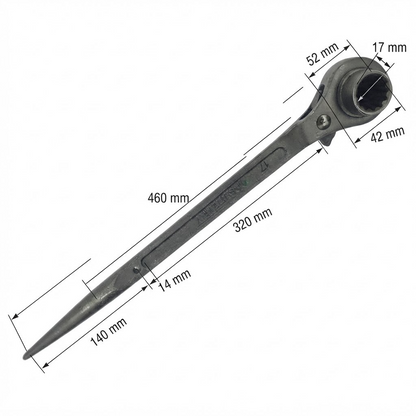 A dark gray metal socket wrench with a long pointed handle, shown diagonally on a plain white background.
