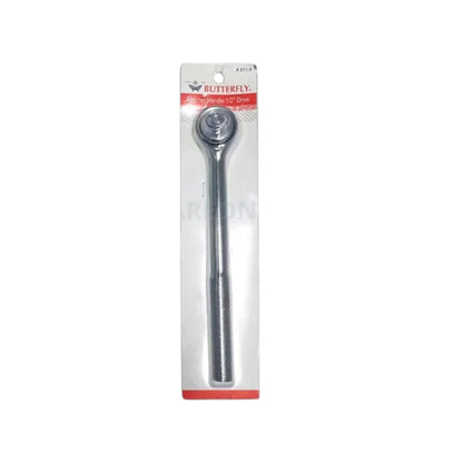 A silver ratchet wrench in its original retail blister packaging, featuring the Butterfly brand logo on a white card with red accents, set against a plain white background.