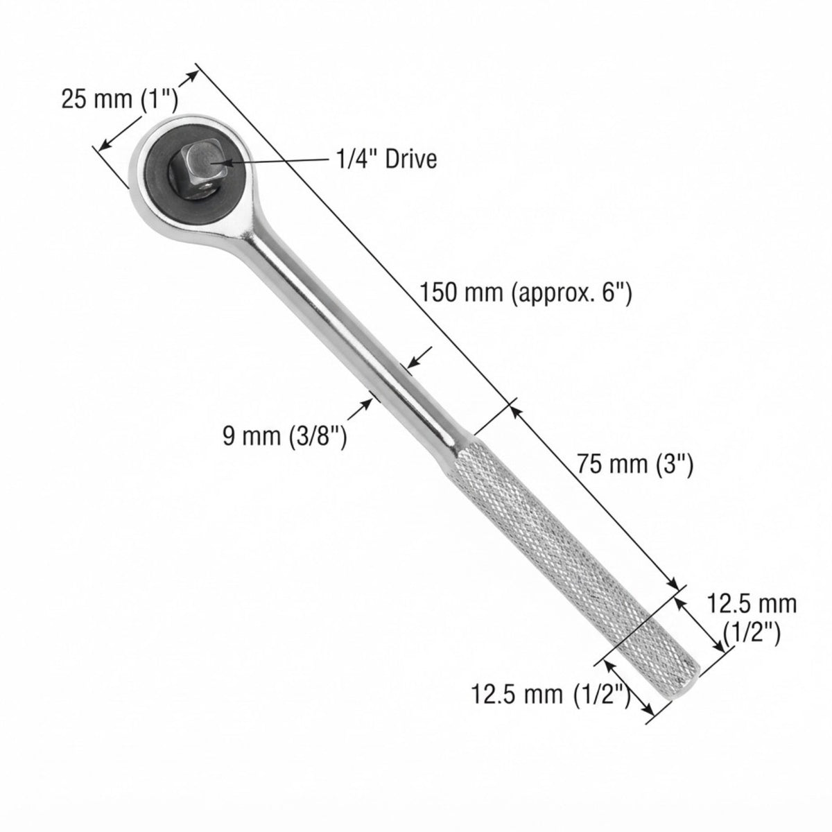 A ratchet wrench with dimension callouts showing measurements such as 150 mm, 75 mm, 9 mm, 25 mm, and 12.5 mm on a white background.
