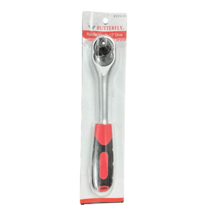 A 1/4-inch drive ratchet wrench in its original retail blister packaging, featuring a silver metal head, a black and red grip handle, and a white backing card with red text.