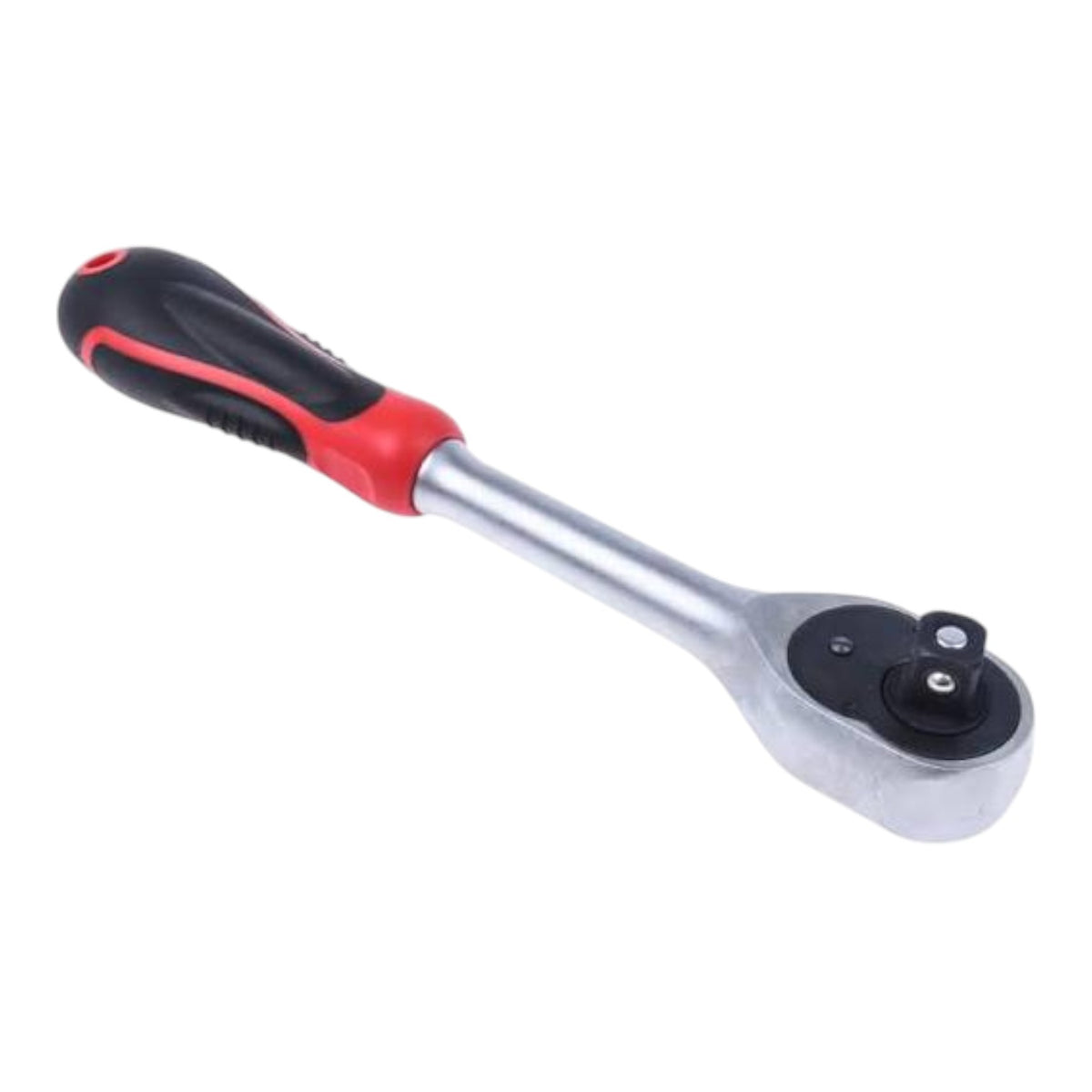 A manual ratchet wrench with a silver metal head and a black and red ergonomic handle, shown on a plain white background.