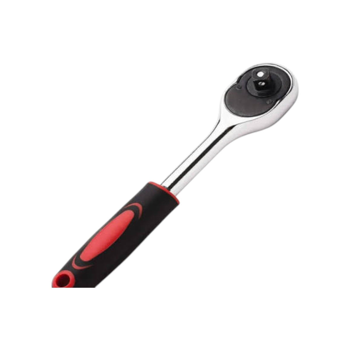 A socket wrench with a black and red textured handle and a polished silver metal head, shown on a plain white background.