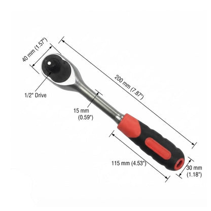 A ratchet wrench with a silver metal head and a red and black handle, shown with dimension lines and labels indicating 40 mm head size, 200 mm total length, 115 mm handle length, and 30 mm socket size.
