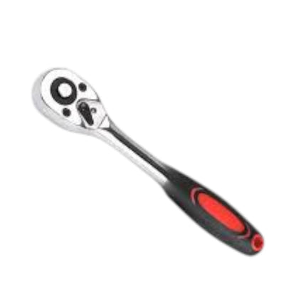 A socket wrench with a chrome head and a black and red ergonomic handle, shown on a plain white background.