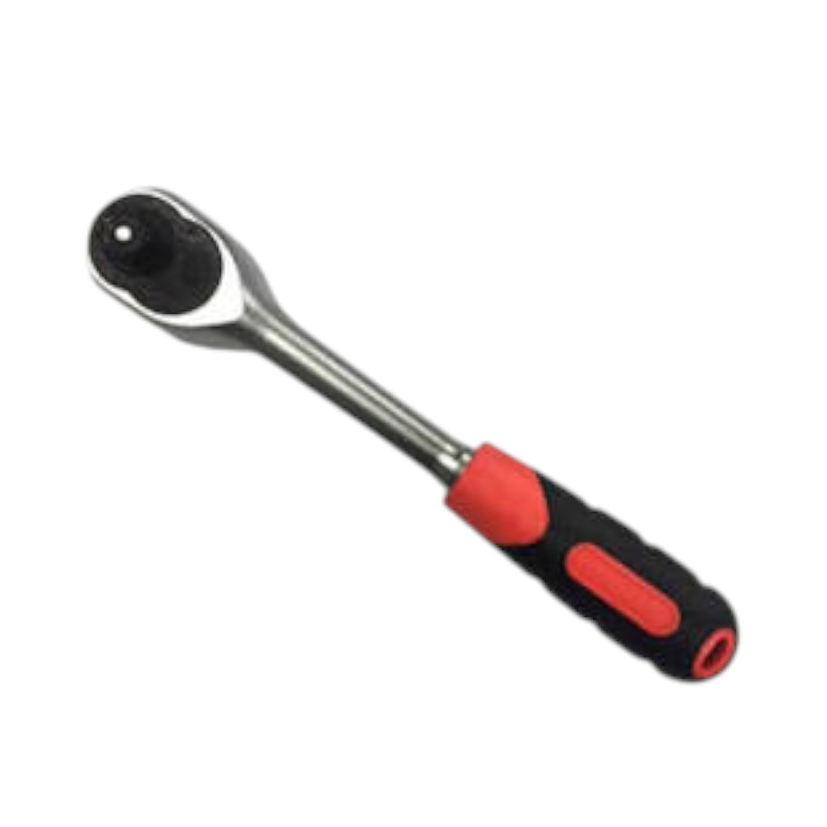 A socket wrench with a silver metal shaft and head, featuring a black and red ergonomic handle grip, isolated on a white background.