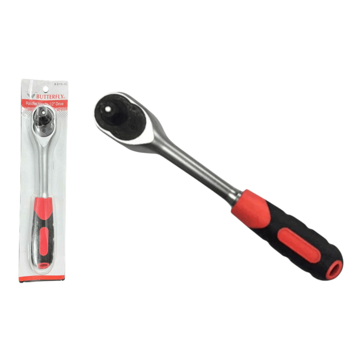 A socket wrench ratchet tool shown loose on a white background, alongside its retail packaging. The tool features a silver metal head and a handle with red and black grip sections.
