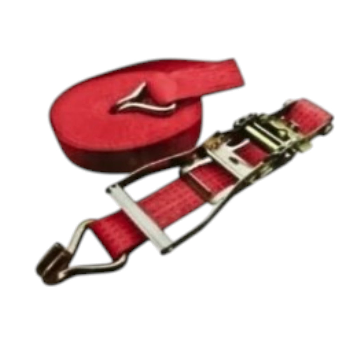 A red webbed ratchet strap with a metal quick-release buckle, shown coiled and partially extended on a plain white background.