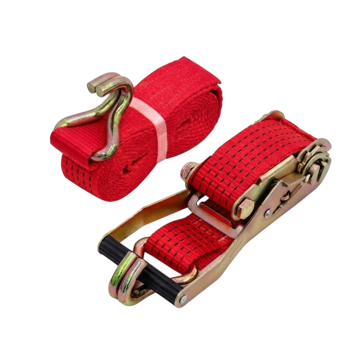 Two red webbed ratchet straps with brass-toned metal buckles and a black release knob, shown on a plain white background.