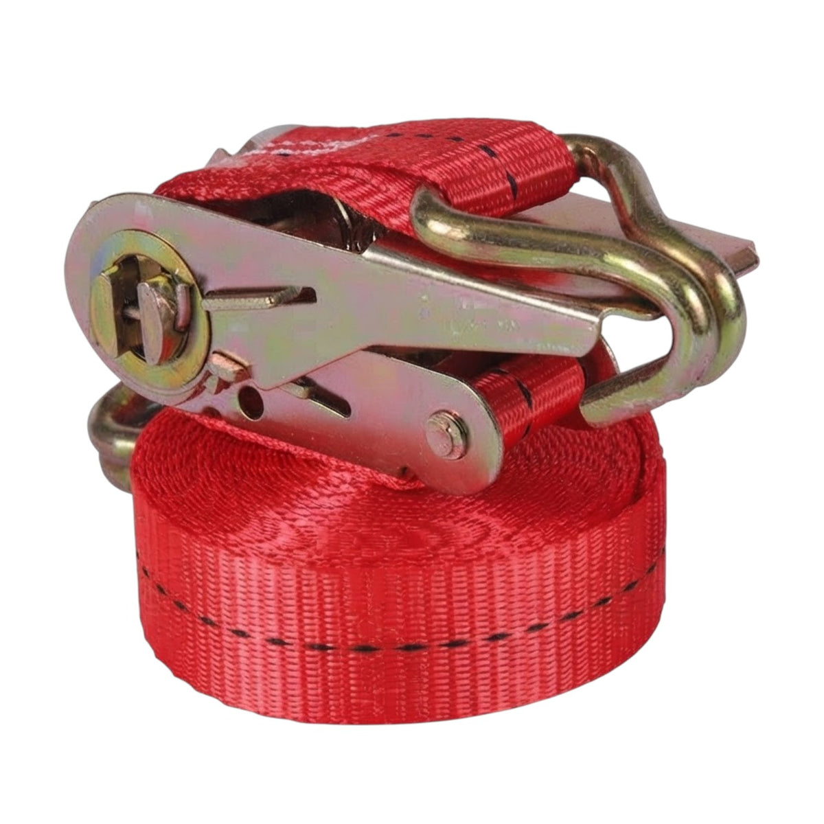 A red nylon ratchet strap with a metal quick-release buckle and a brass hook, shown on a plain white background.