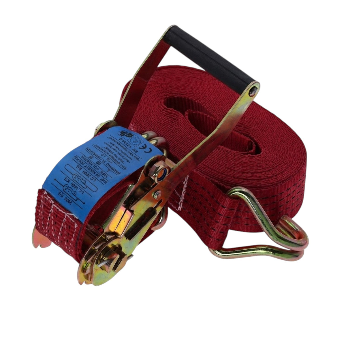 A red webbed ratchet strap with a gold-toned metal clasp, a black handle grip, and a blue label, shown on a plain white background.