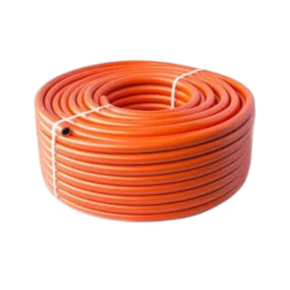 A coil of bright orange fire hose secured with a white string, shown against a plain white background.
