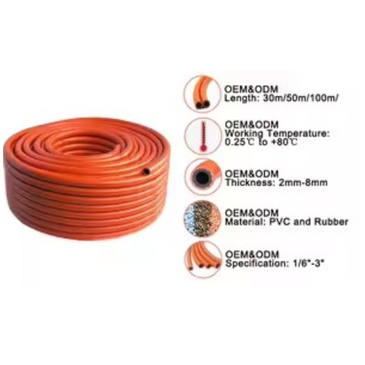 An orange coiled hose or cable shown on a white background with informational callouts on the right listing length, working temperature, thickness, material, and specification options.