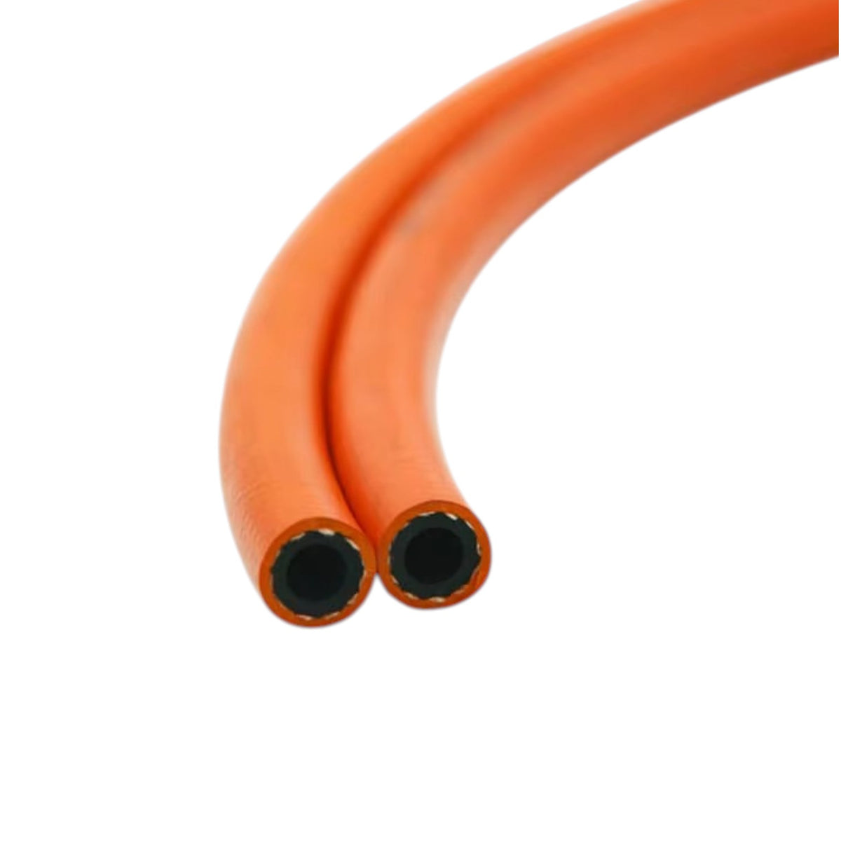 An orange flexible hose or tube shown in a close-up studio shot, curving upward with two open ends visible against a plain white background.