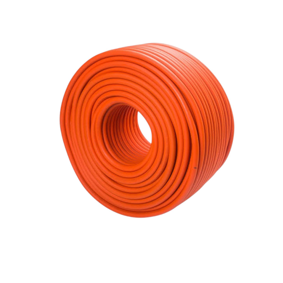 A coiled orange cable or hose on a plain white background.