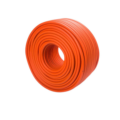 A coiled orange cable or hose on a plain white background.