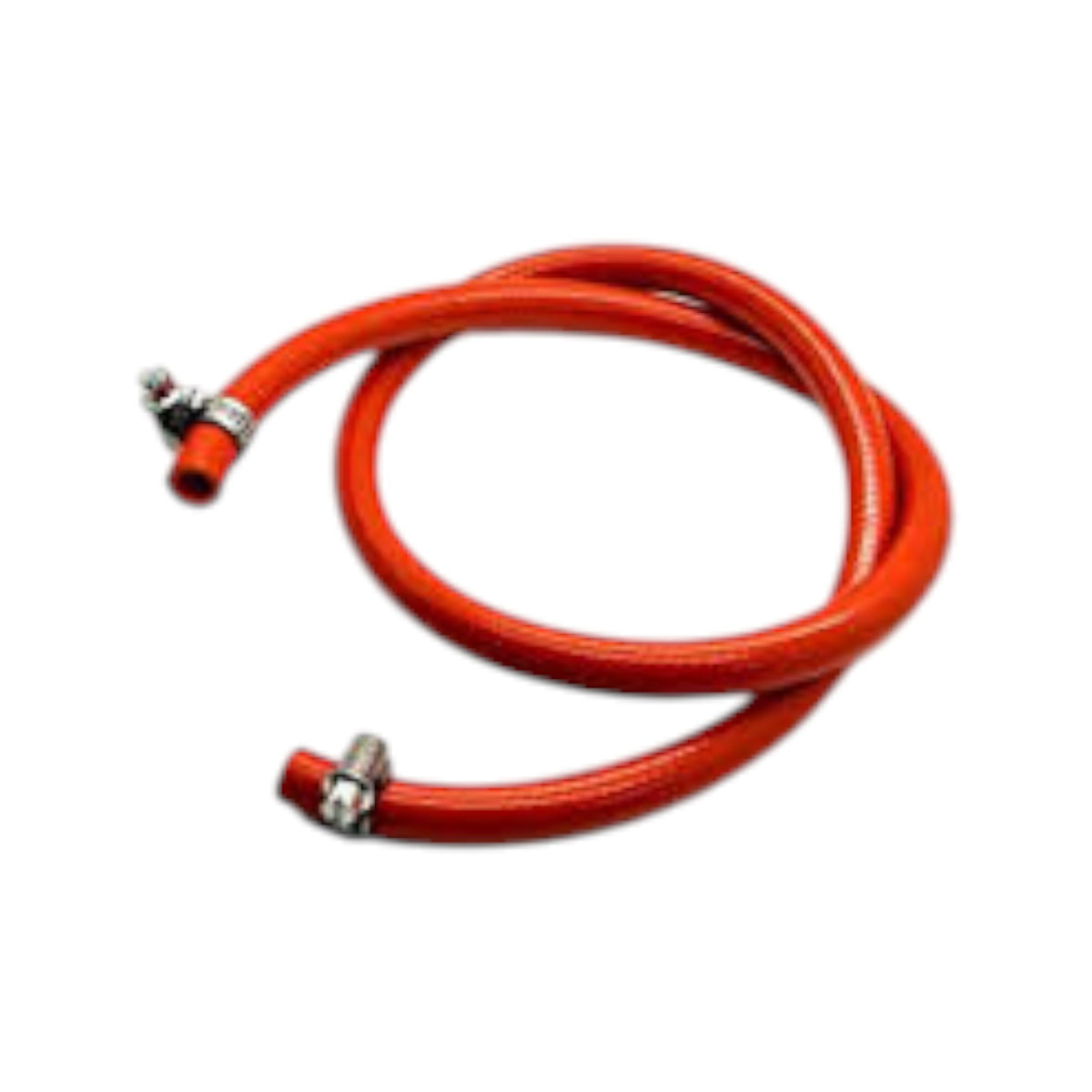 An orange braided hose with silver metal fittings, coiled on a plain white background.