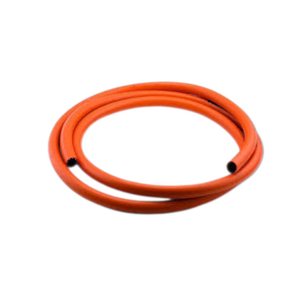 A coiled orange hose or tube with black end caps, photographed on a plain white background.