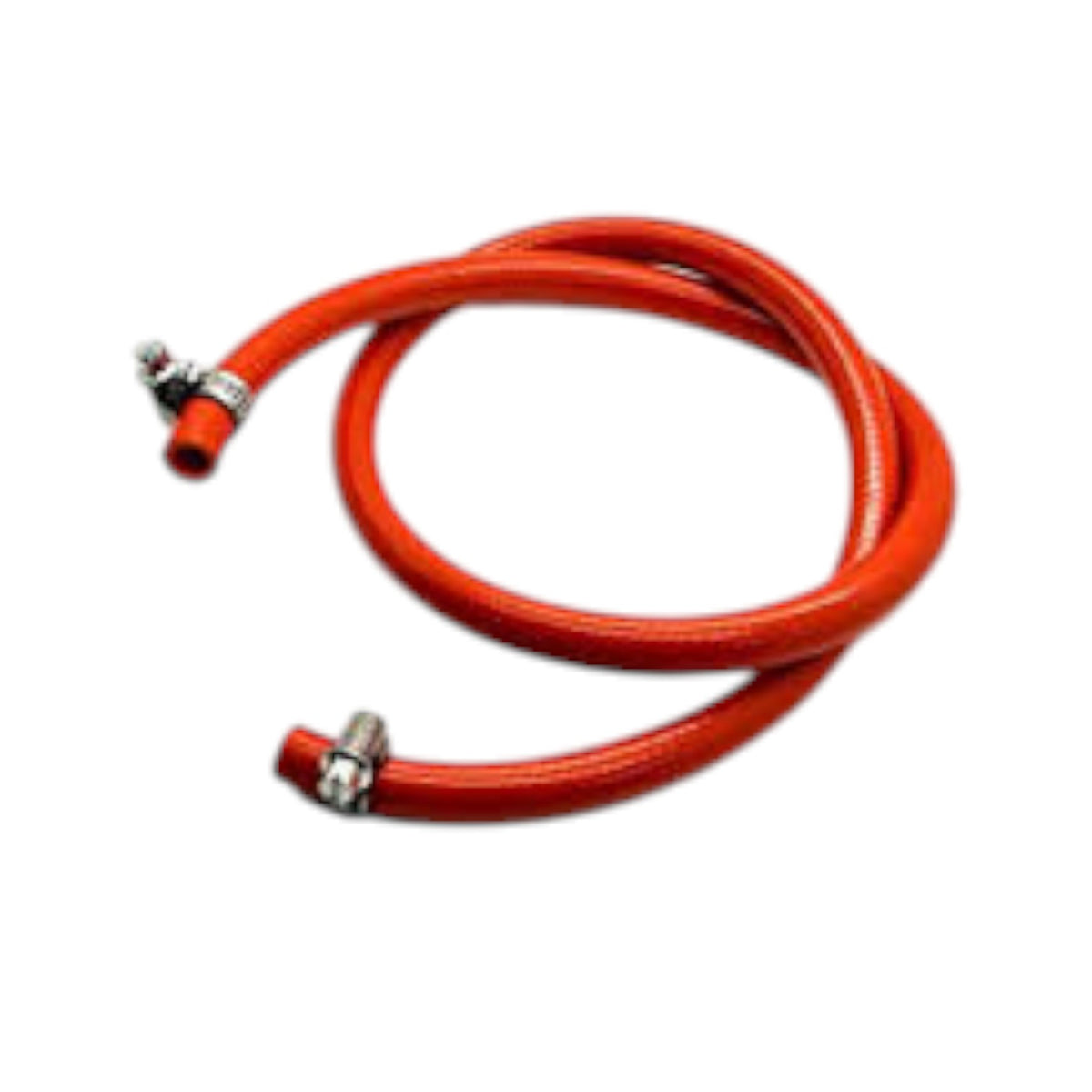 An orange braided hose with silver metal connectors on both ends, coiled on a plain white background.