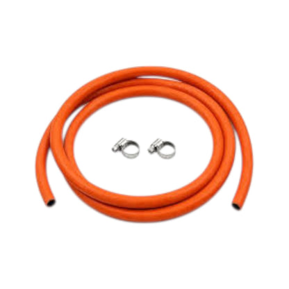 An orange braided hose coiled on a white background, with two silver metal clamp fittings placed in the center.