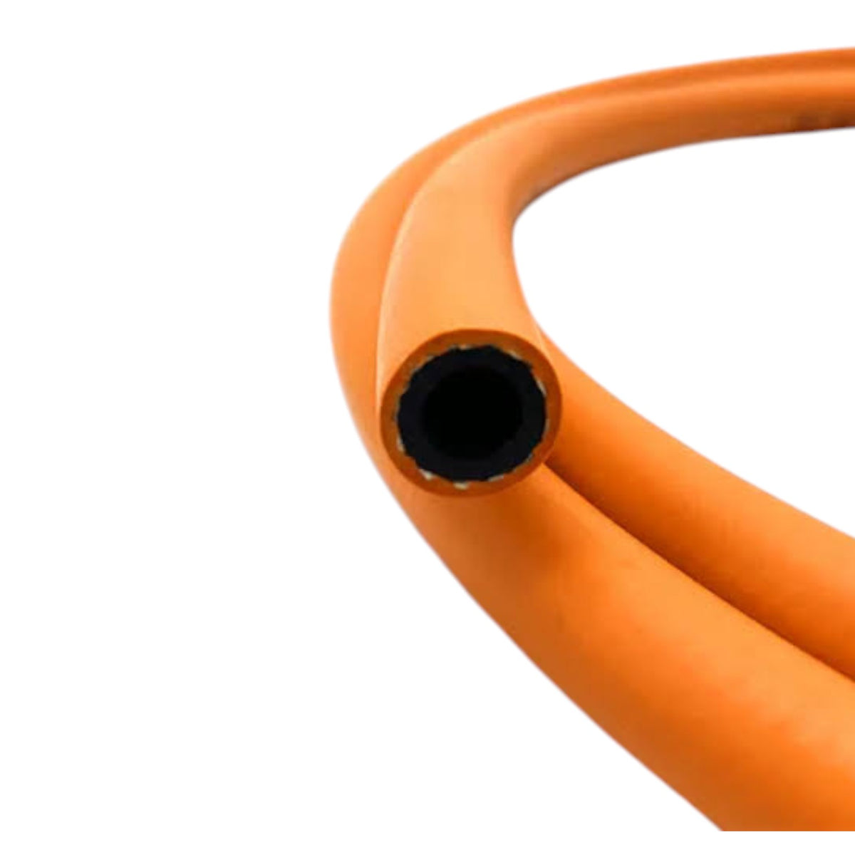 A close-up of a bright orange flexible tube or hose with a black inner lumen, shown on a plain white background.