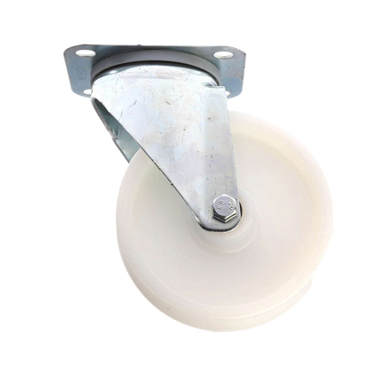 A single industrial caster wheel with a white plastic or rubber wheel, a silver metal swivel bracket, and a gray mounting plate, shown on a plain white background.