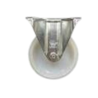 A metal caster wheel with a silver-toned triangular metal hub and a translucent white circular wheel, isolated on a white background.