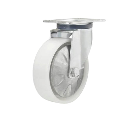 A heavy-duty industrial swivel caster wheel with a white rubber tire, a polished steel hub, and a square metal mounting plate, shown on a solid white background.