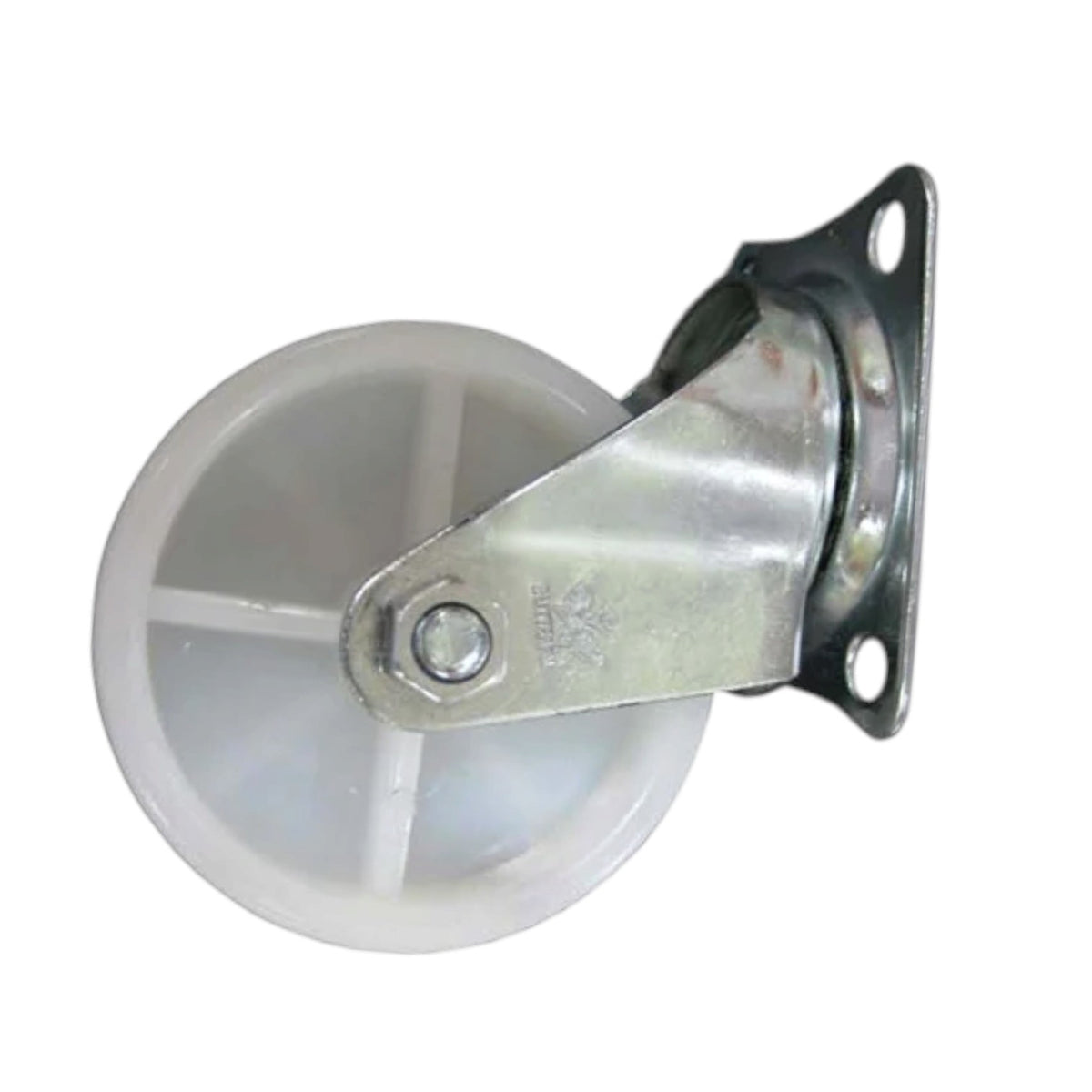 A single industrial swivel caster wheel with a translucent white plastic wheel and a silver metal bracket, isolated on a white background.