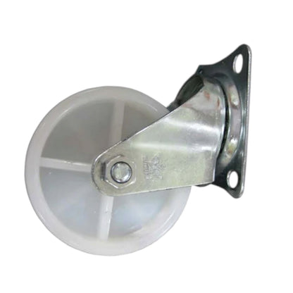 A single industrial swivel caster wheel with a translucent white plastic wheel and a silver metal bracket, isolated on a white background.