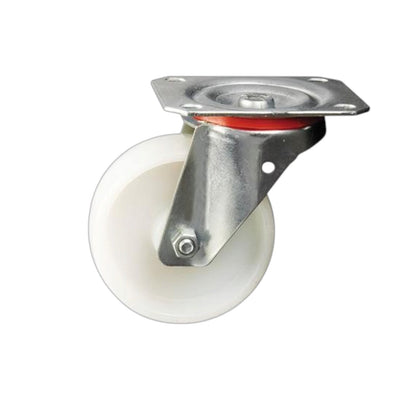 A single industrial caster wheel with a white plastic wheel, a galvanized steel swivel bracket, and a red rubber bearing, isolated on a white background.