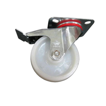 A single industrial swivel caster wheel with a white plastic wheel, a silver metal bracket, and a black mounting plate with a red rubber gasket, shown on a plain white background.
