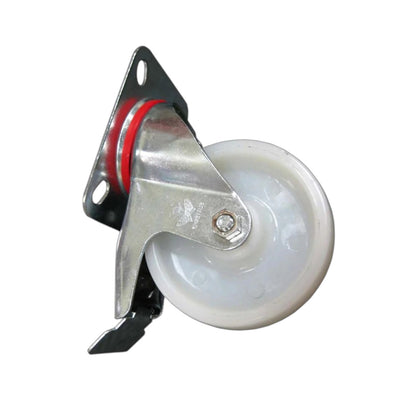 A single industrial swivel caster wheel with a white plastic wheel, a silver metal bracket, and a red rubber seal, isolated on a white background.