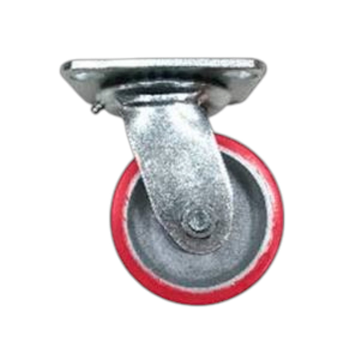 A single metal caster wheel with a galvanized steel mounting plate and hub, featuring a red-rimmed wheel, isolated on a white background.
