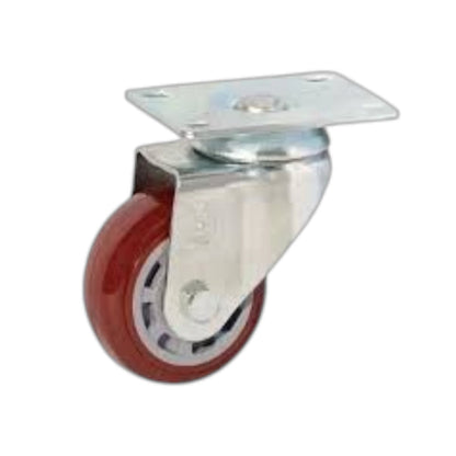A heavy-duty industrial caster wheel with a red polyurethane wheel, a silver metal swivel housing, and a flat mounting plate, shown on a plain white background.