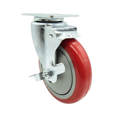 A heavy-duty industrial swivel caster wheel with a red rubber tire, a silver metal hub, and a silver mounting plate on a white background.