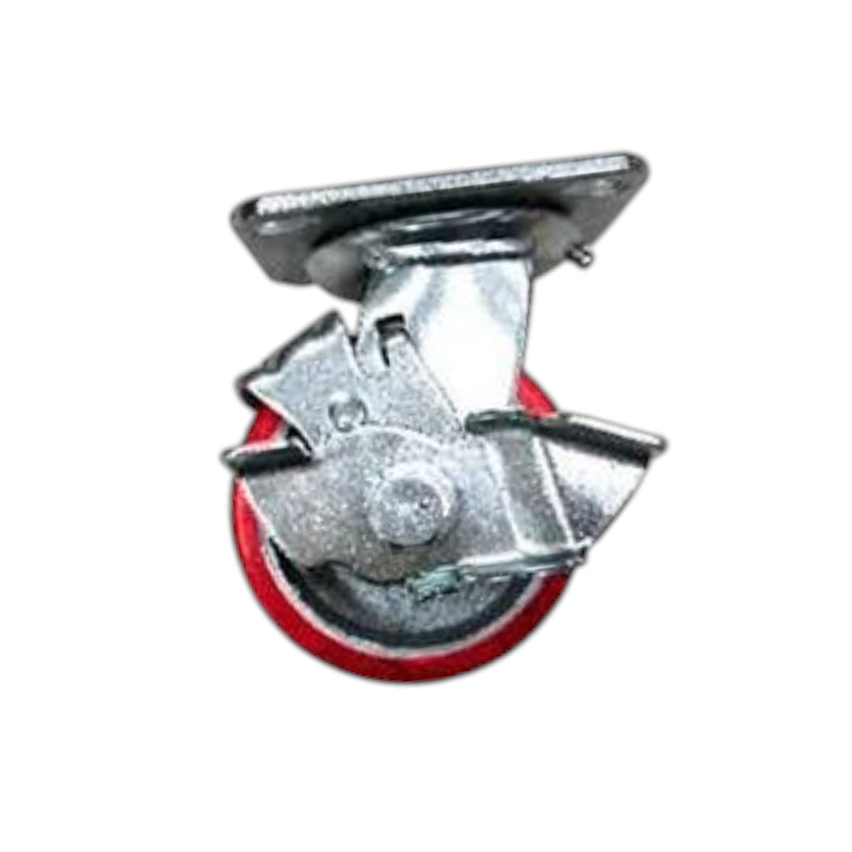 A single metal caster wheel with a red rubber tire, shown on a plain white background.