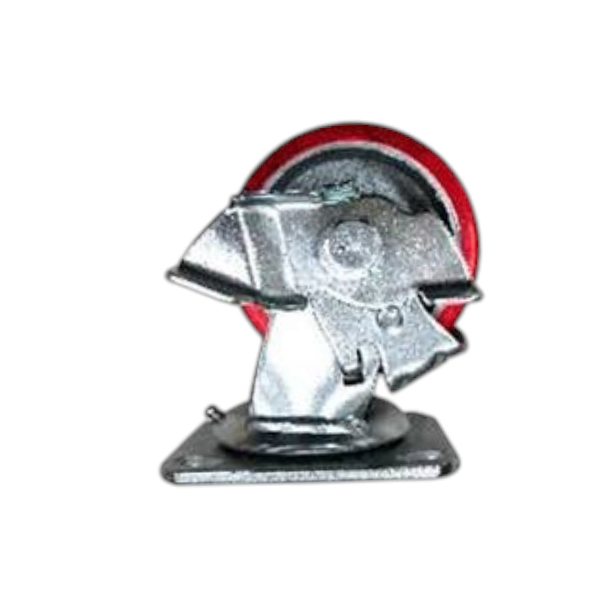A galvanized steel swivel caster wheel with a red rubber tire, isolated on a white background.