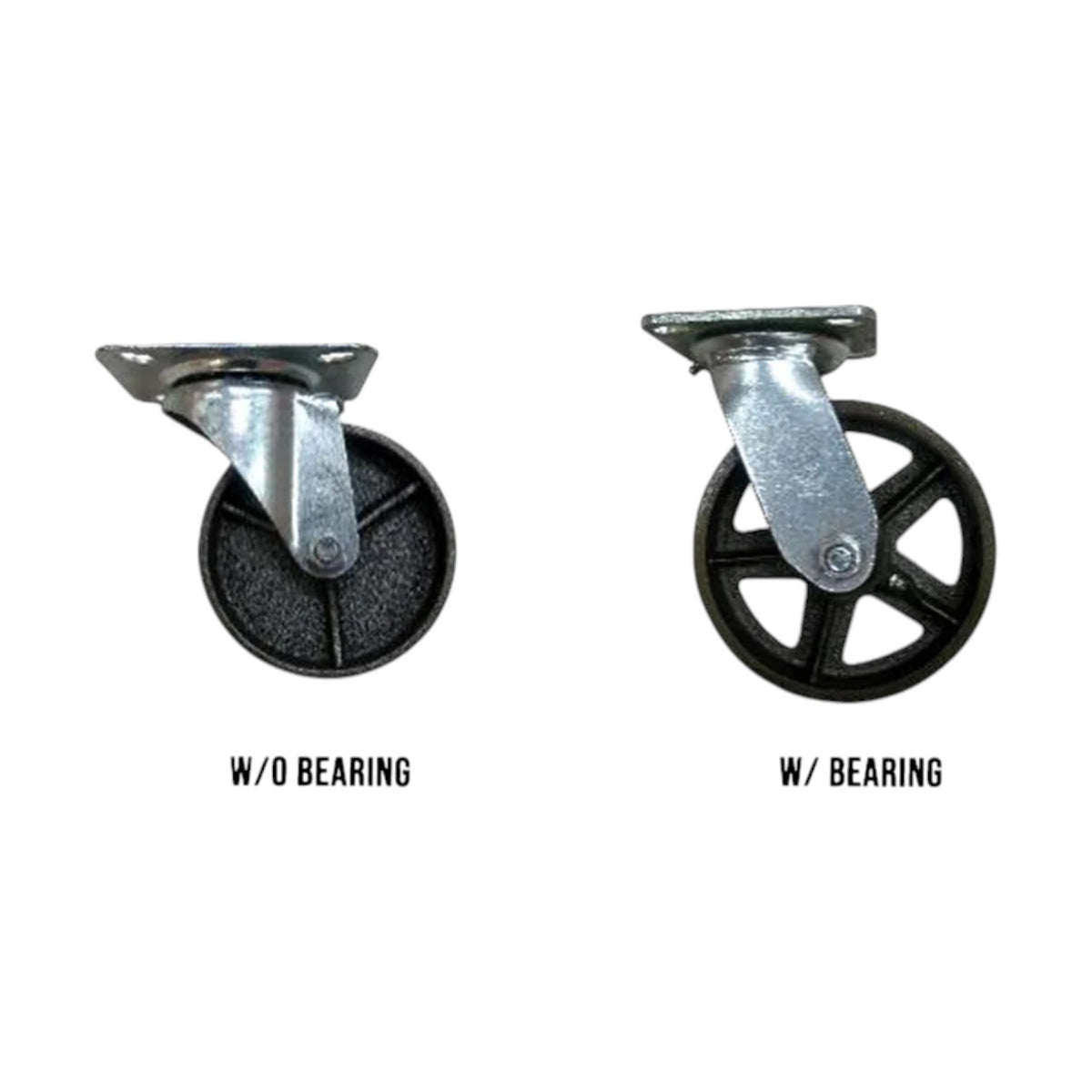 Two industrial caster wheels shown side by side on a white background, labeled 'W/O BEARING' and 'W/ BEARING'. The left wheel is a solid black tread wheel with a silver metal swivel mount.