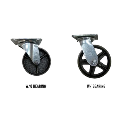 Two industrial caster wheels shown side by side on a white background, labeled 'W/O BEARING' and 'W/ BEARING'. The left wheel is a solid black tread wheel with a silver metal swivel mount.