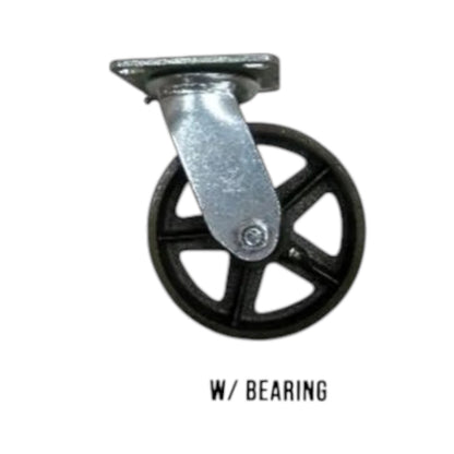 A single industrial caster wheel with a black spoked wheel and a silver metal bearing housing and mounting plate, shown on a plain white background with the text 'W/ BEARING' below.