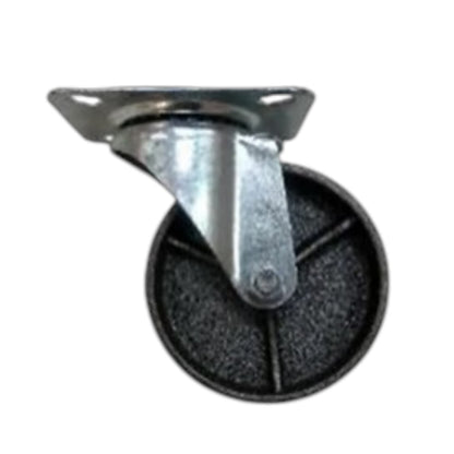 A single industrial caster wheel with a black rubber tread and a silver metal swivel mount, isolated on a white background.