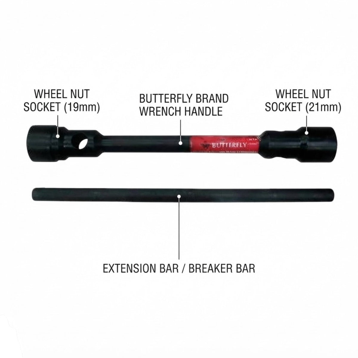 Black socket wrench extension bar with a red Butterfly Brand Wrench Handle section, shown with labeled callouts for wheel nut socket sizes and the extension bar on a white background.