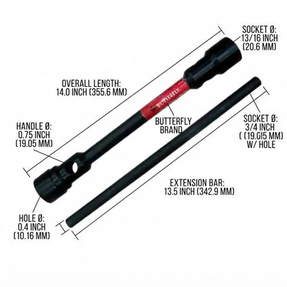 Black socket wrench extension bar with a red Butterfly Brand handle section, shown with labeled dimensions and socket measurements on a white background.