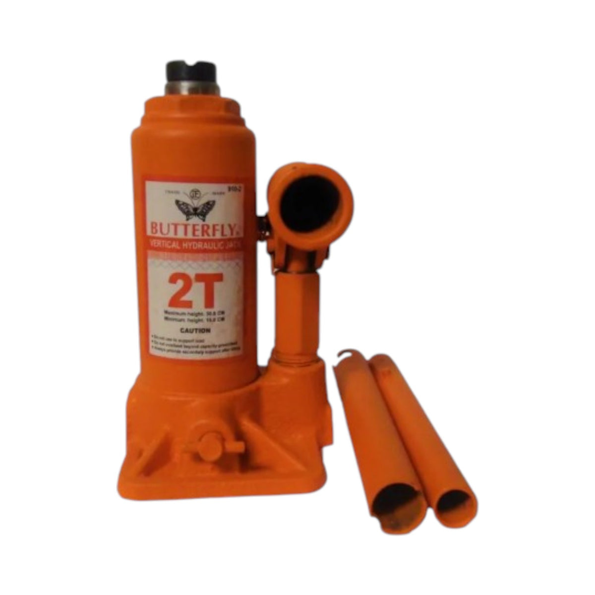 An orange Butterfly 2T vertical hydraulic jack with a black cap and two matching orange protective sleeves, shown on a plain white background.
