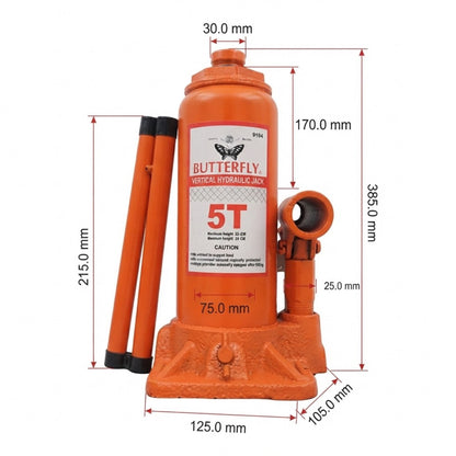 An orange Butterfly 5T vertical hydraulic jack with dimension annotations showing measurements such as 385.0 mm height, 215.